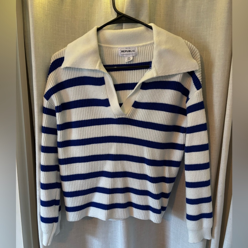 For The Republic Blue and White V-Neck Sweater